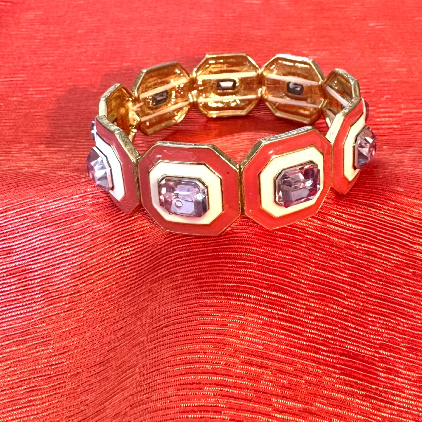 14K Plated Coral & Ivory Enamel w Crystals stretch Bracelet thumbnail