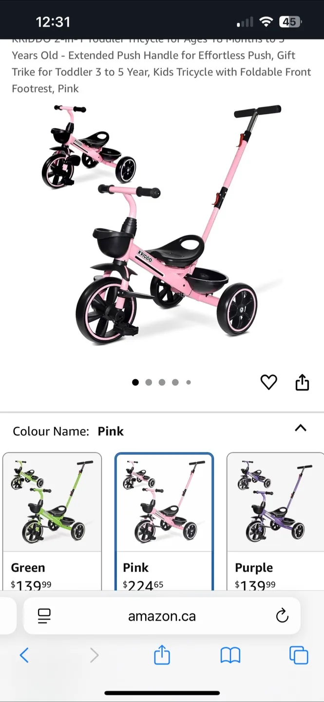 Kriddo 2-in-1 Toddler Tricycle - Pink thumbnail