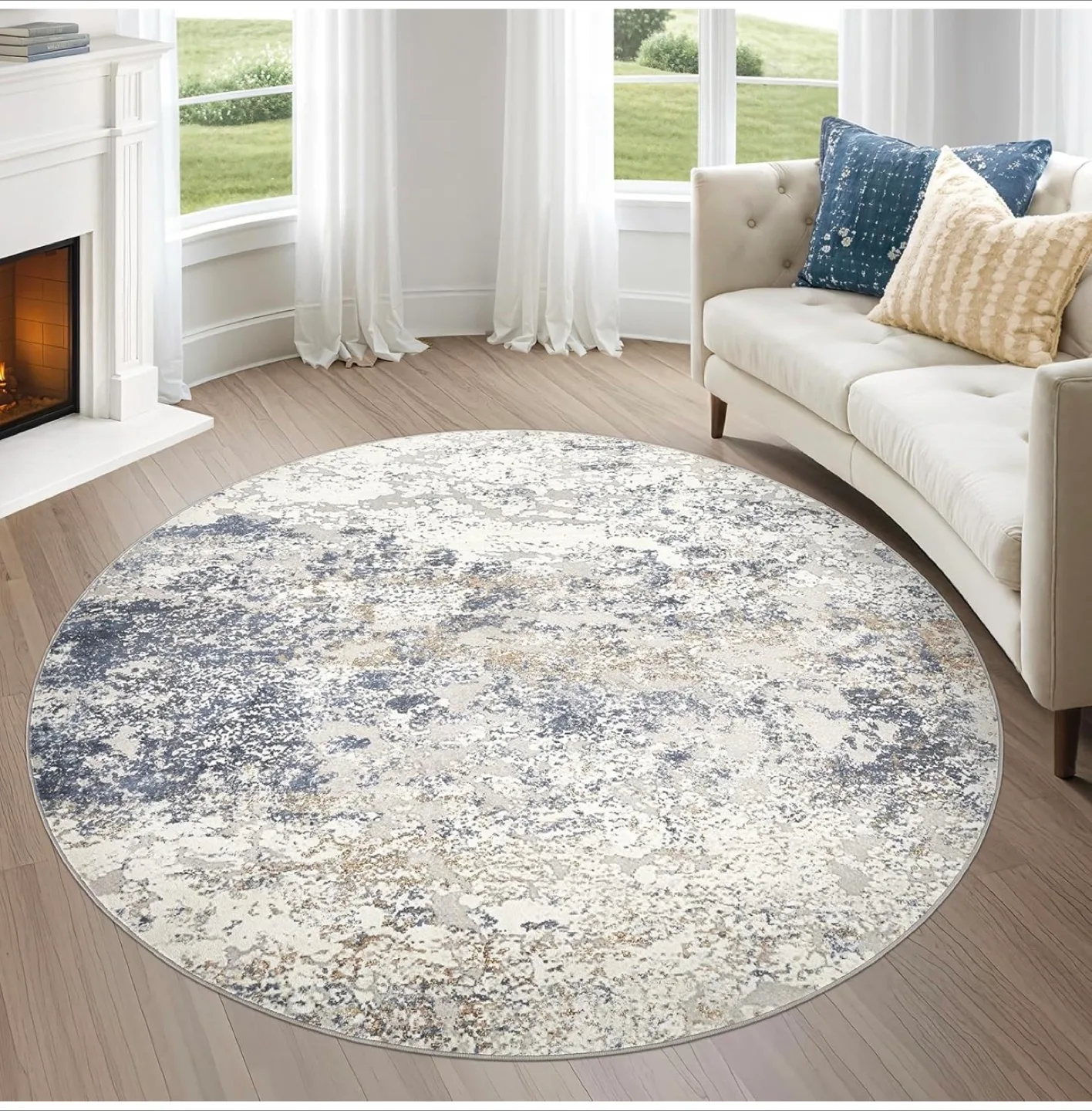 WAVVEI Abstract Beige Blue Round Rug thumbnail
