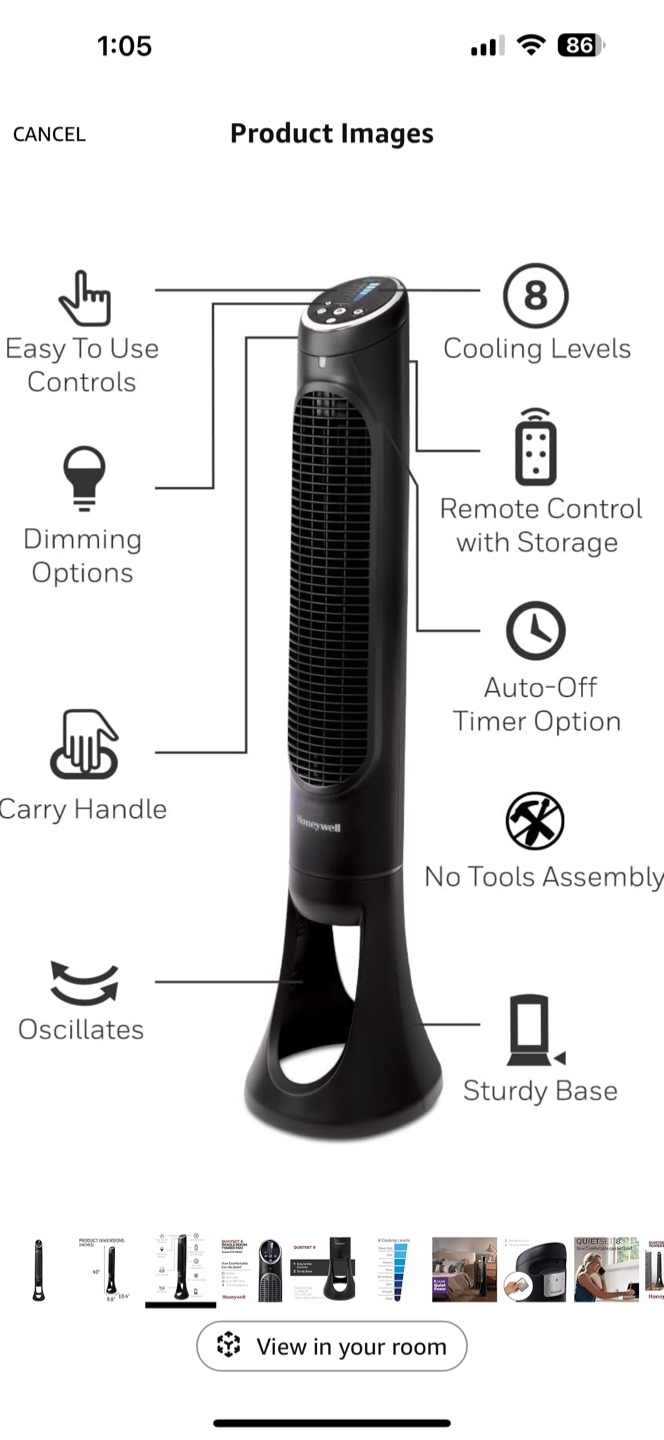Honeywell QuietSet 8 Whole Room Tower Fan HYF290BC - photo 3