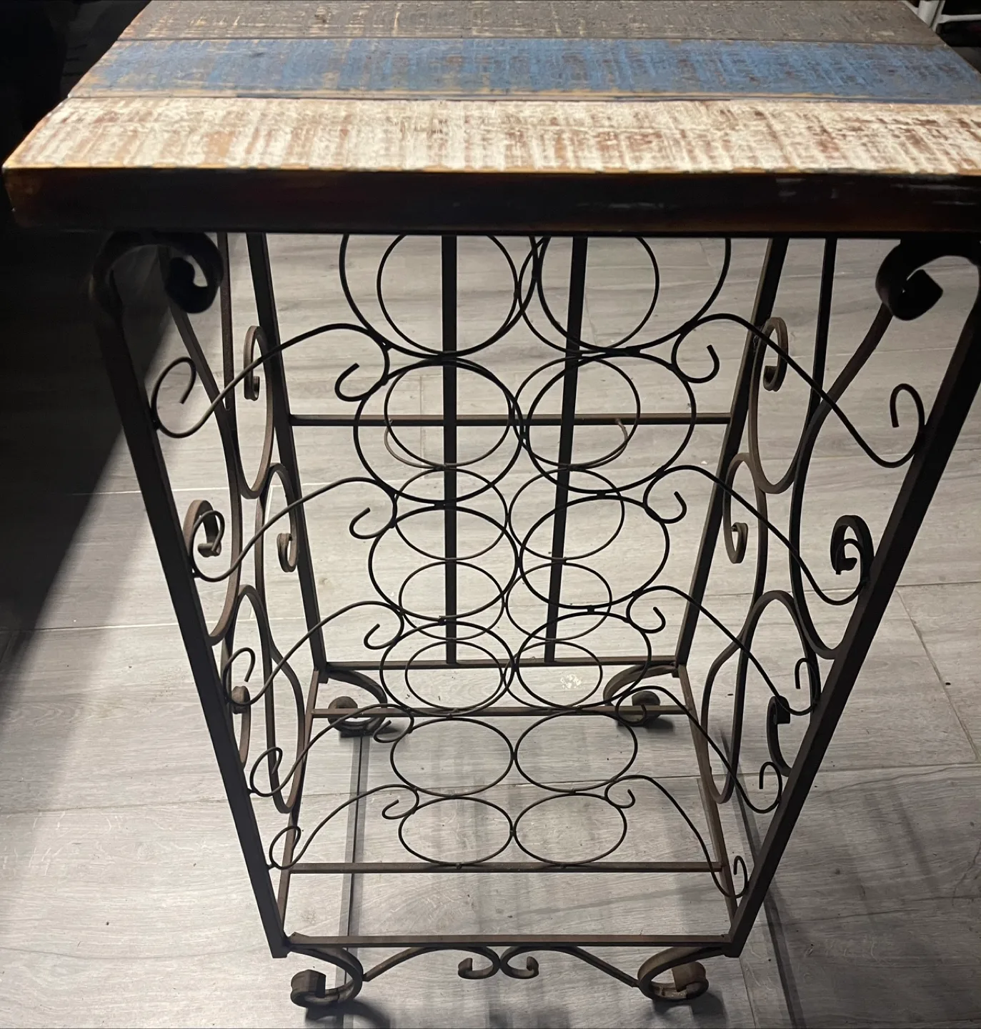 Rustic Wood Top Metal Wine Rack Table holds 12 Bottles thumbnail