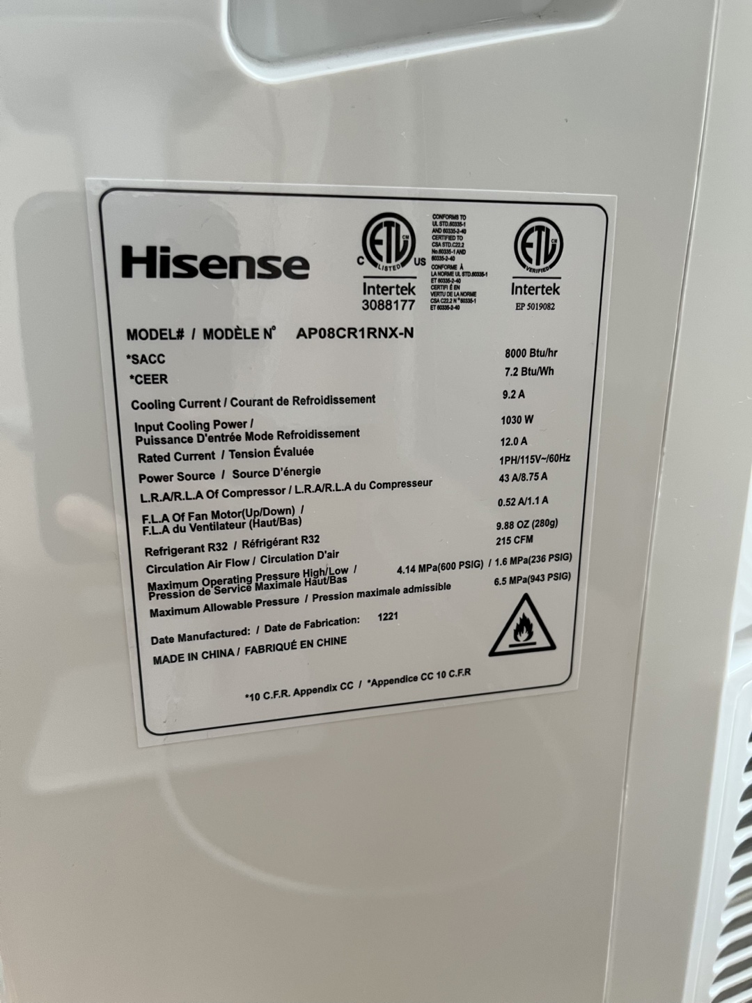 Hisense AP081CR1RNX-N Portable Air Conditioner - photo 2
