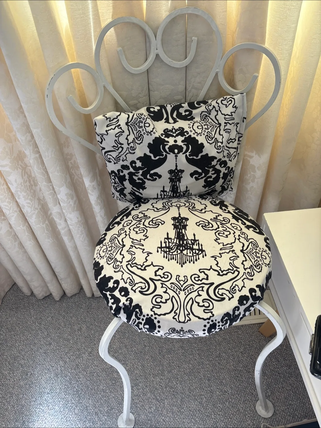 White Metal Chair with Patterned Cushion thumbnail