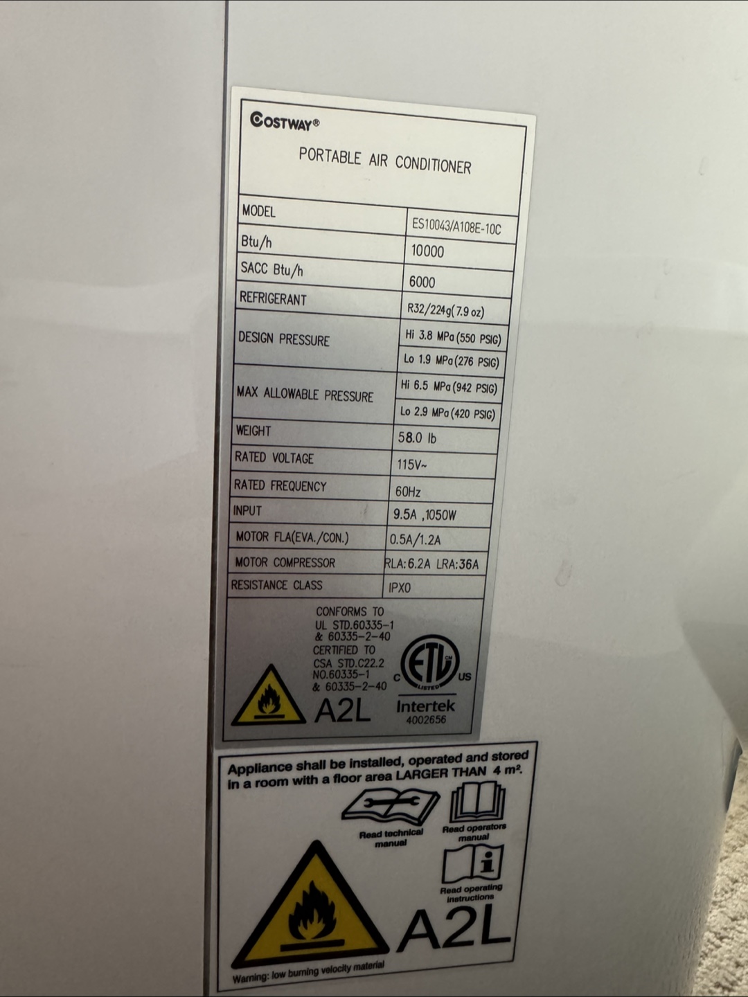 Costway Ashrae 10,000 BTU Portable AC - photo 3