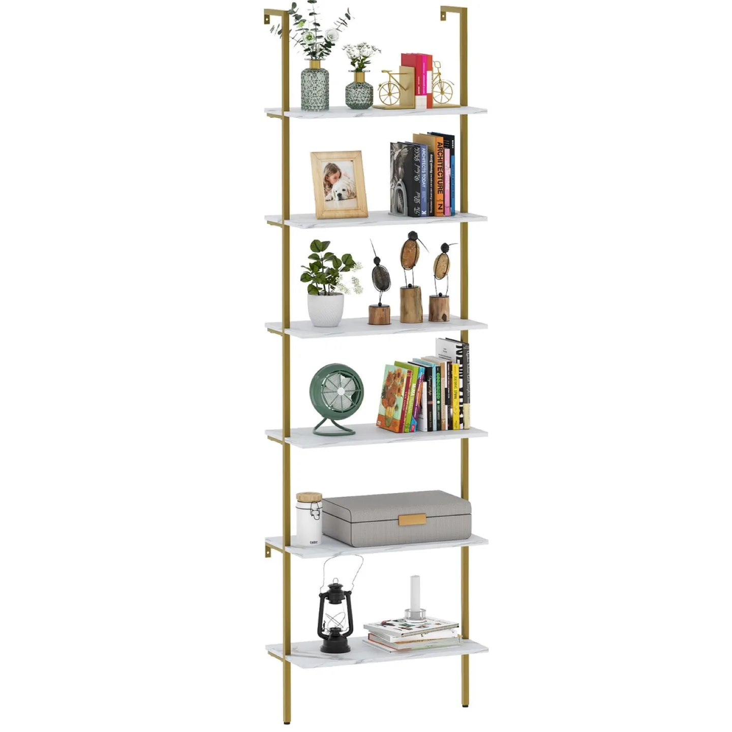 New Wolawu Ladder Shelf 6 Tiers Marble White Modern Bookshelf thumbnail