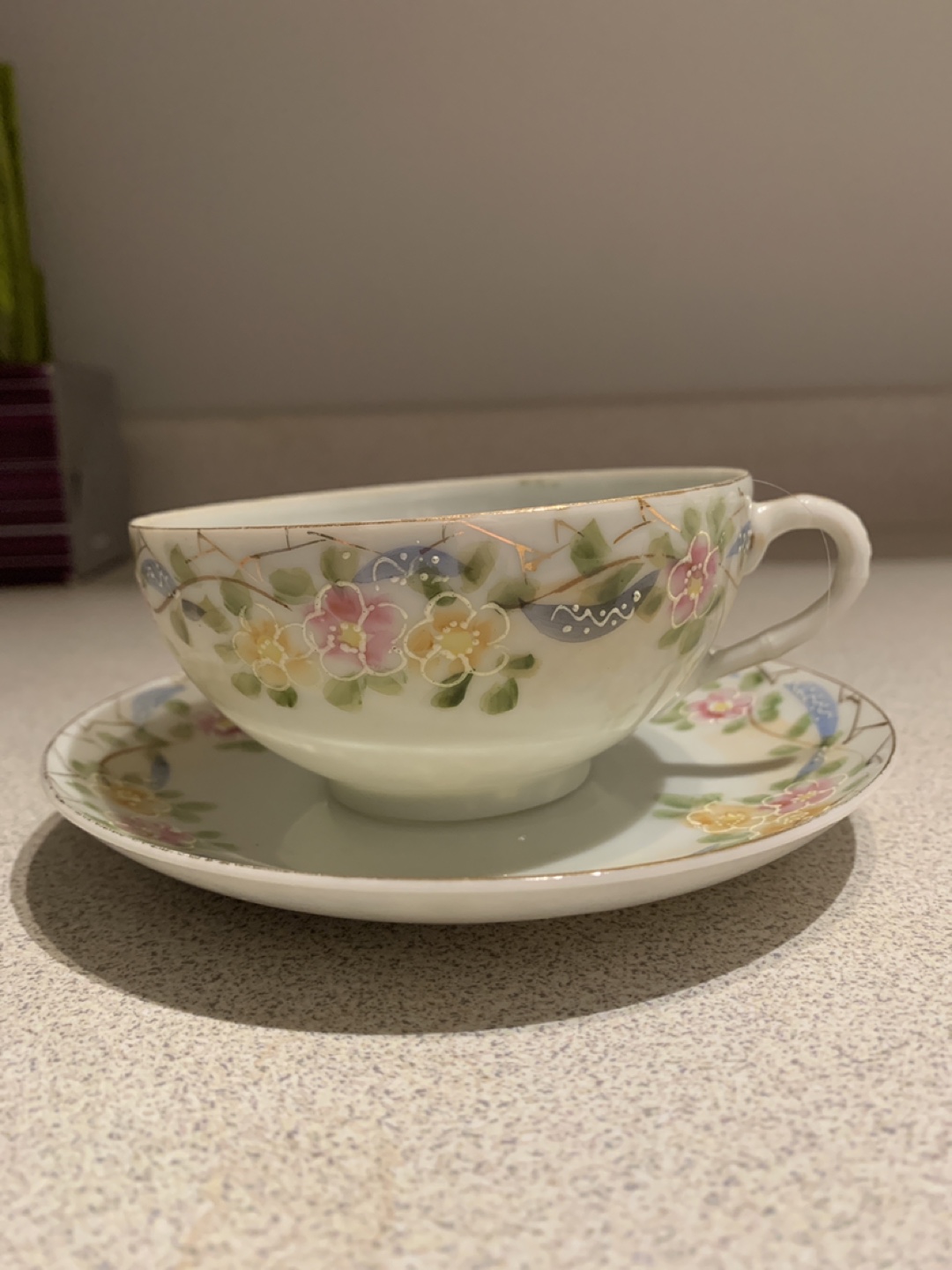 Hand Painted Antique Floral Tea Cup and Saucer Set