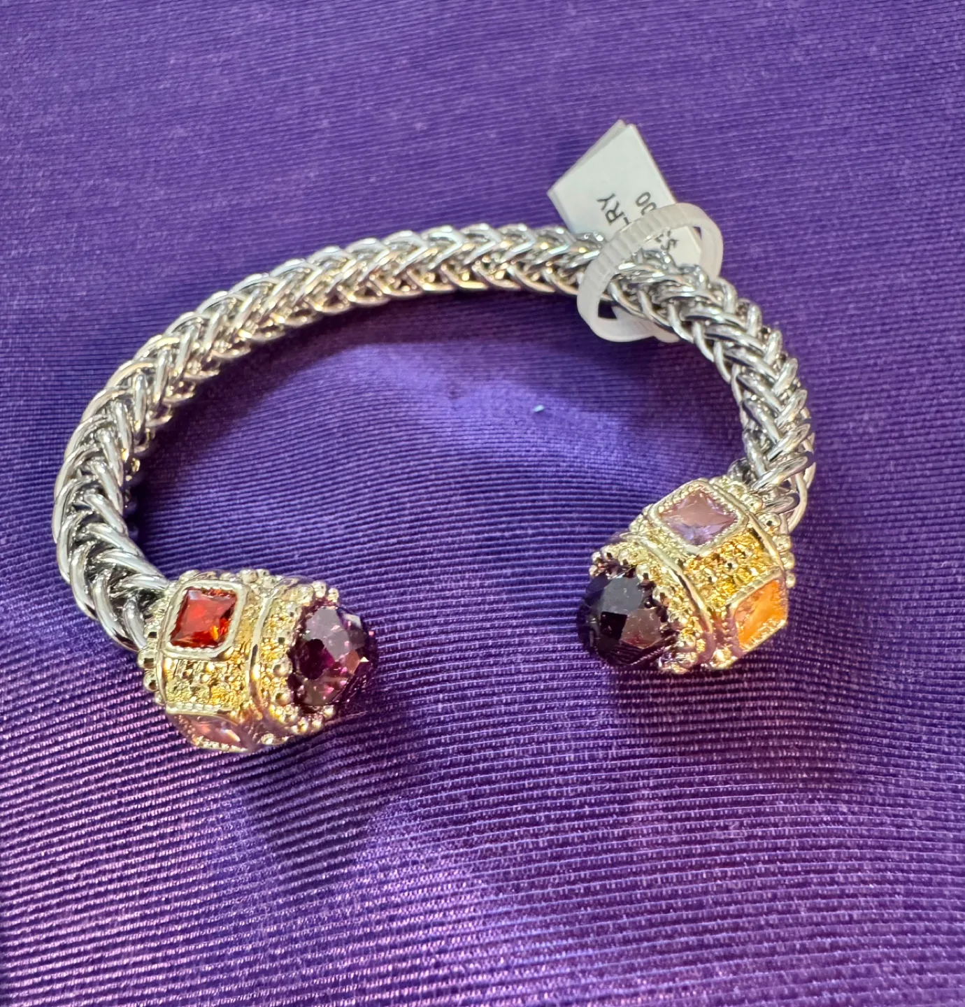Rhodium/14K plated Amethyst Renaissance Braided Cuff Bangle thumbnail