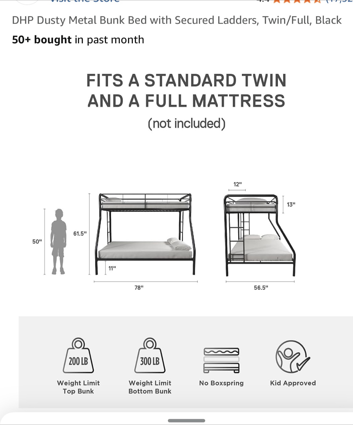 DHP Dusty Metal Bunk Bed - Twin/Full Size