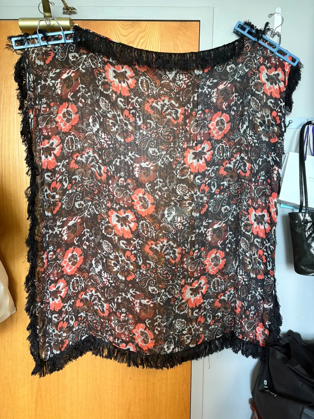 Very large vintage silk Floral Print Scarf with Tassels thumbnail
