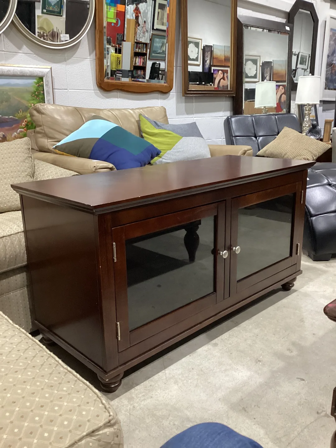 Brown Wooden TV Stand with Glass Doors thumbnail