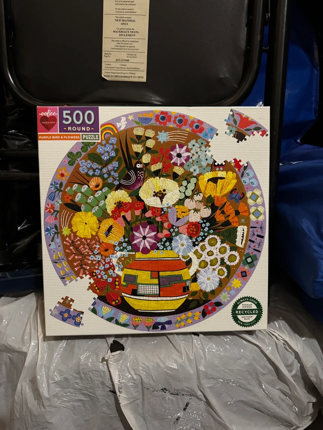 Eefoo Purple Bird & Flowers 500 Round Puzzle thumbnail