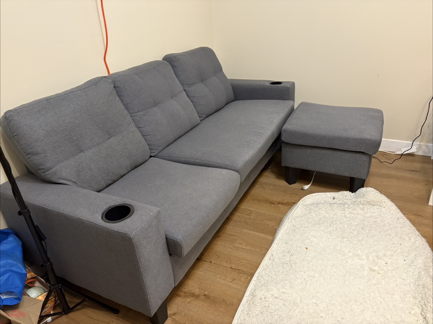 Grey Sofa with Chaise Lounge & Ottoman