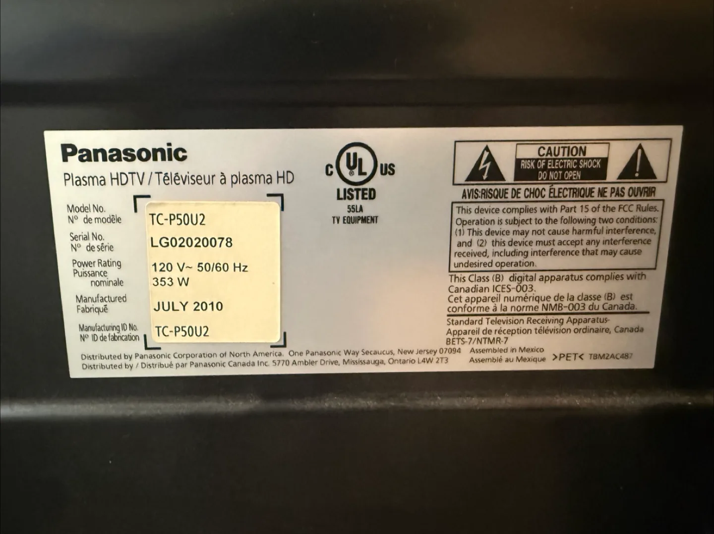 Panasonic Plasma HDTV TC-P50U2 image indicator(3)