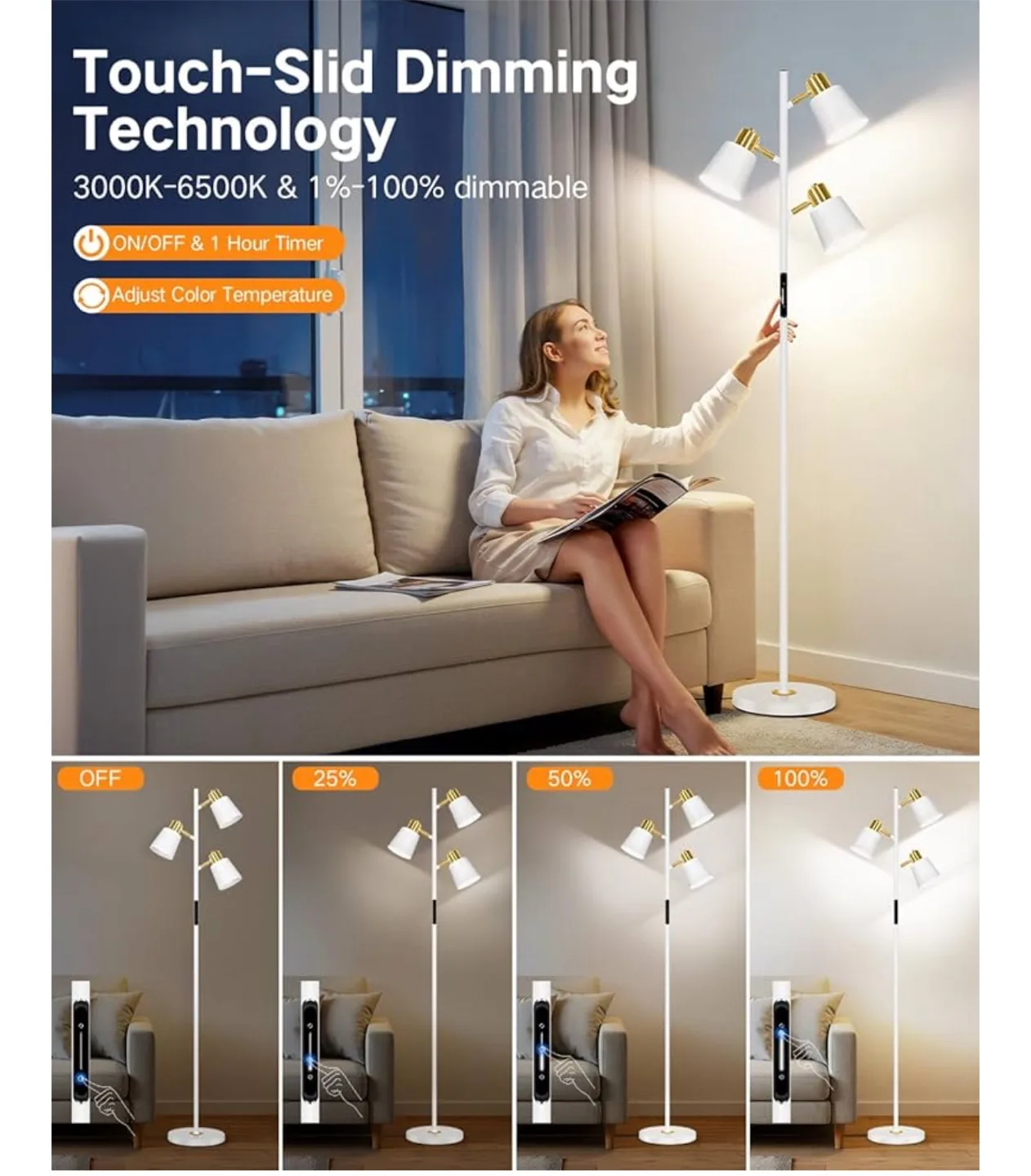 Brand New OUTON LED Tree Floor Lamp - White & Gold image indicator(4)