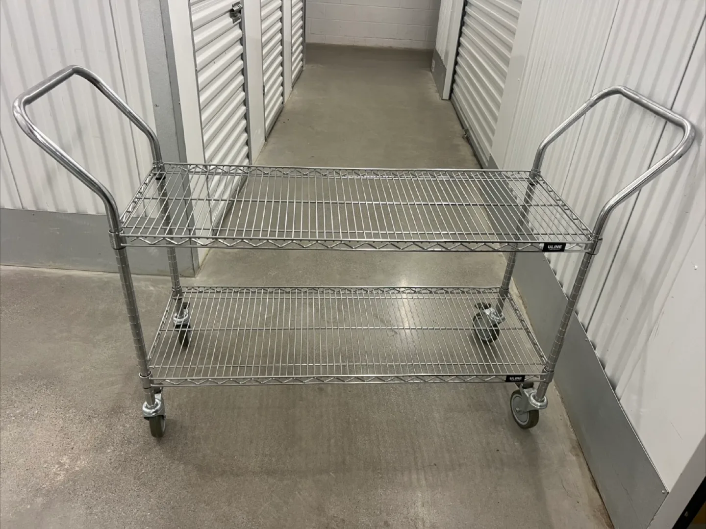 ULINE HEAVY DUTY ROLLING CHROME 2 SHELF WIRE CART thumbnail