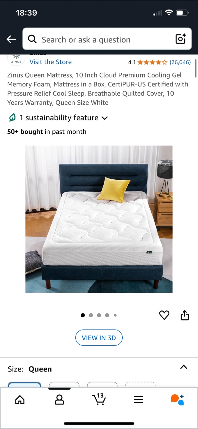 Zinus Queen Mattress, 10 Inch Cloud Premium