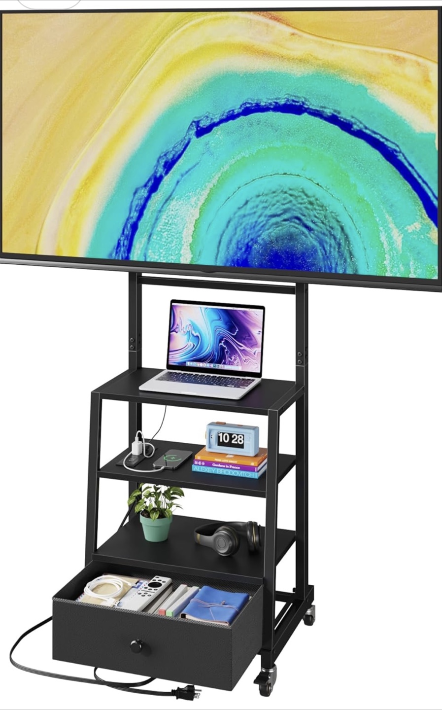 Rolling TV Stand with Fabric Drawer - Black - photo 2