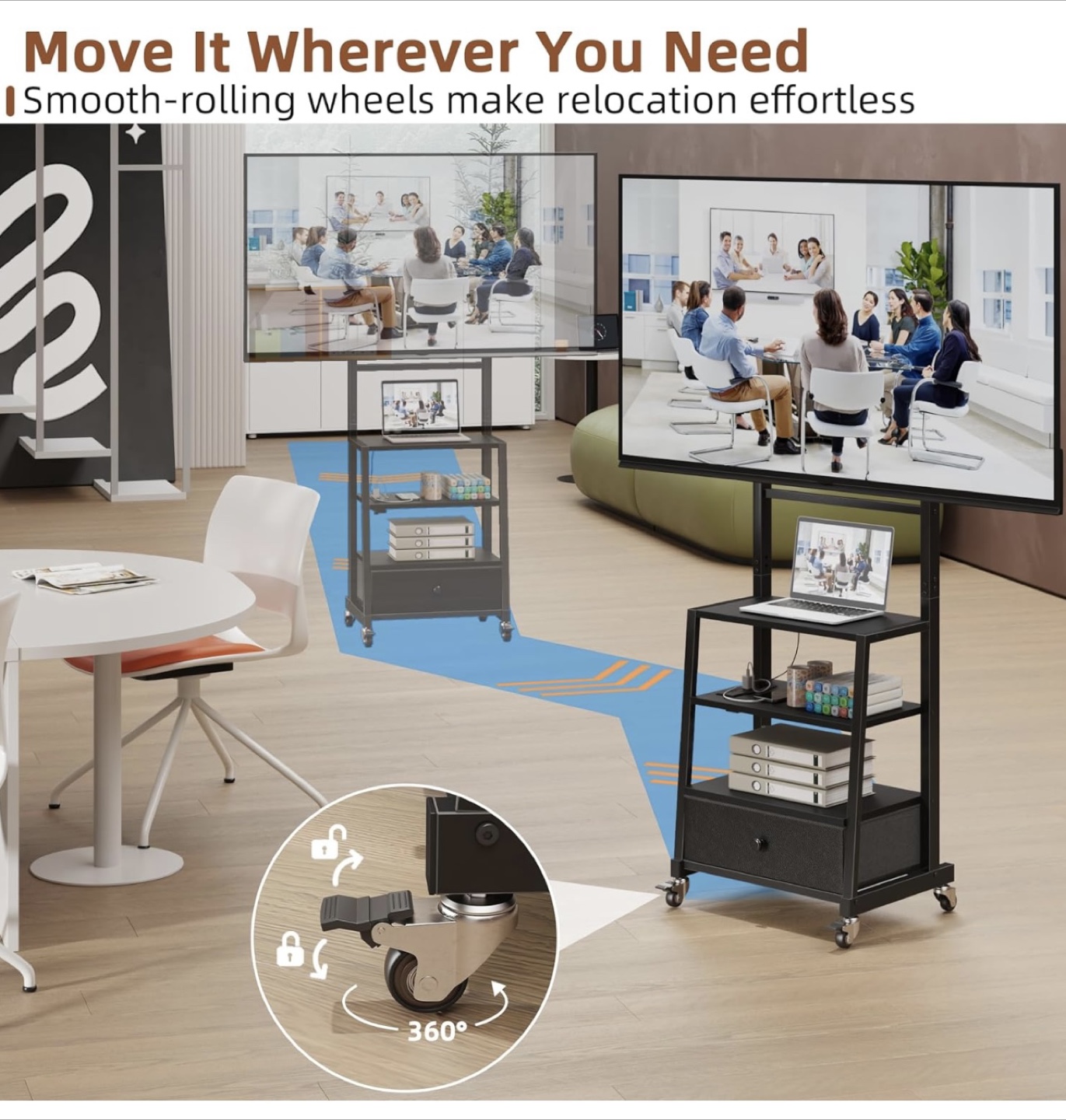 Rolling TV Stand with Fabric Drawer - Black - photo 5