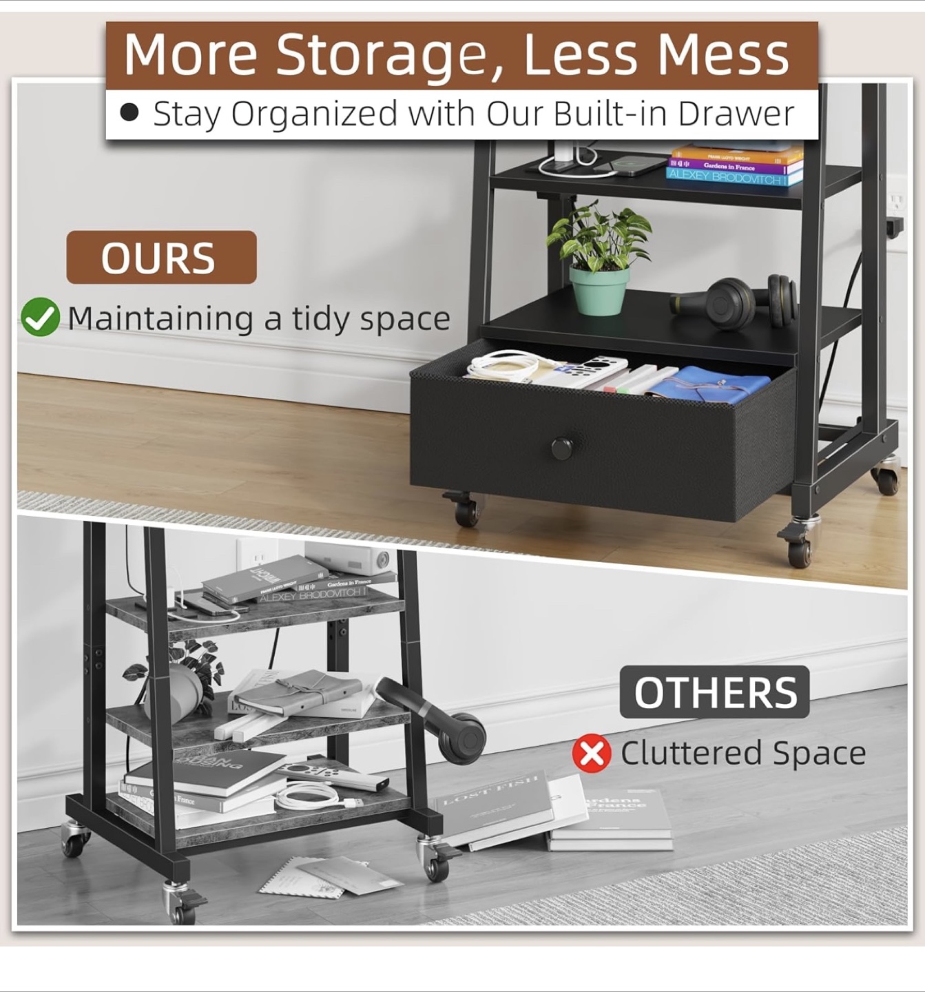Rolling TV Stand with Fabric Drawer - Black - photo 4