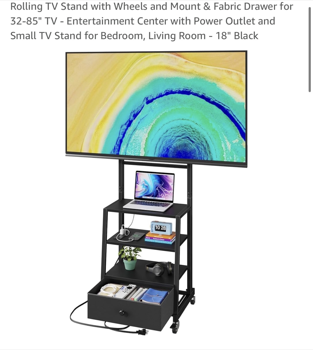 Rolling TV Stand with Fabric Drawer - Black