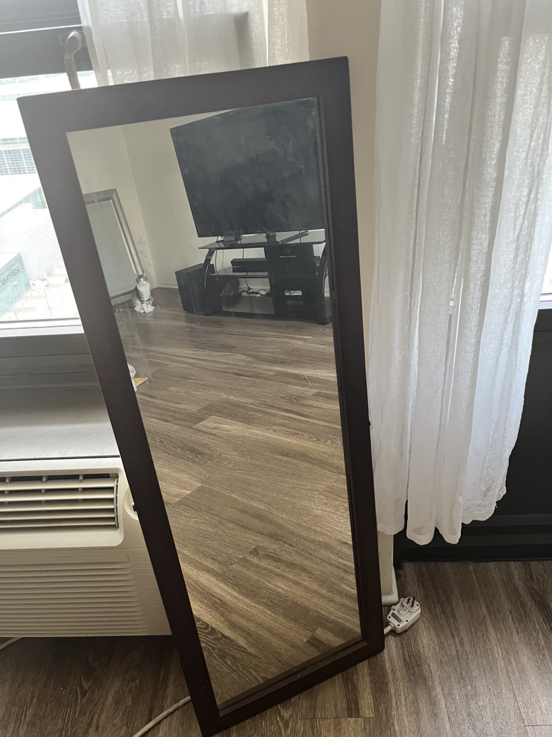 Standing Mirror with Brown Frame.