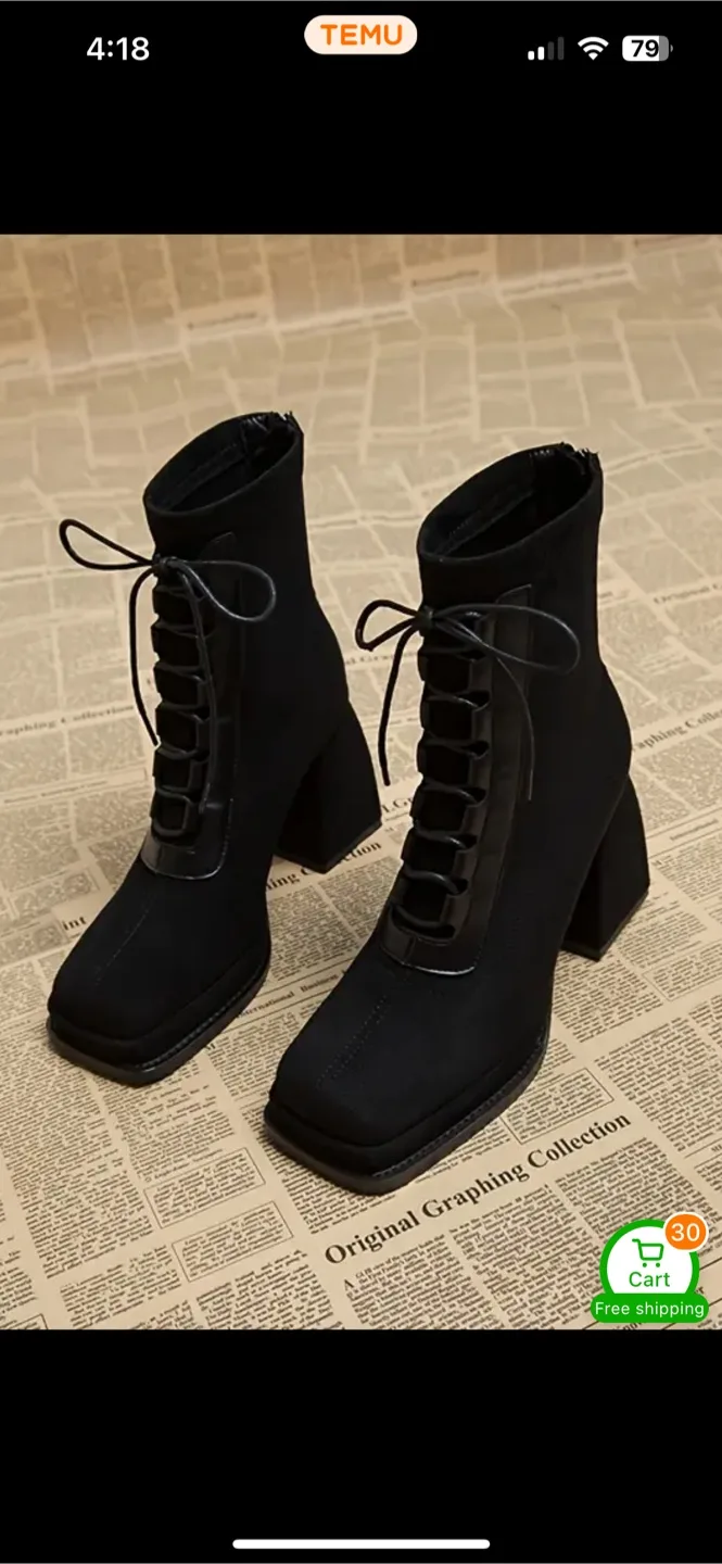Black Lace-Up Heeled Ankle Boots size 8 thumbnail