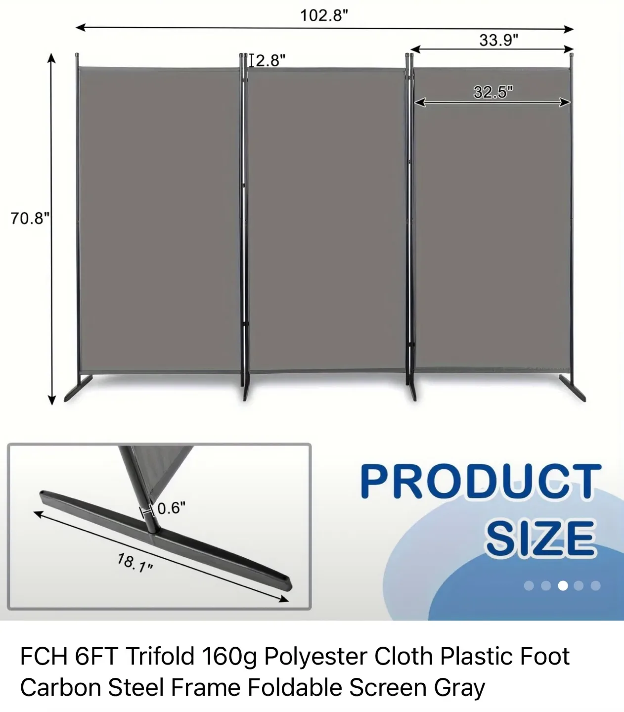 FCH 6FT Trifold Foldable Screen - Gray ( Still in the box)