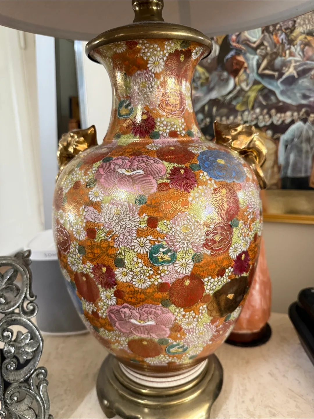 Pair of Vintage Asian Floral Table Lamps - Unique Finials - $450 thumbnail