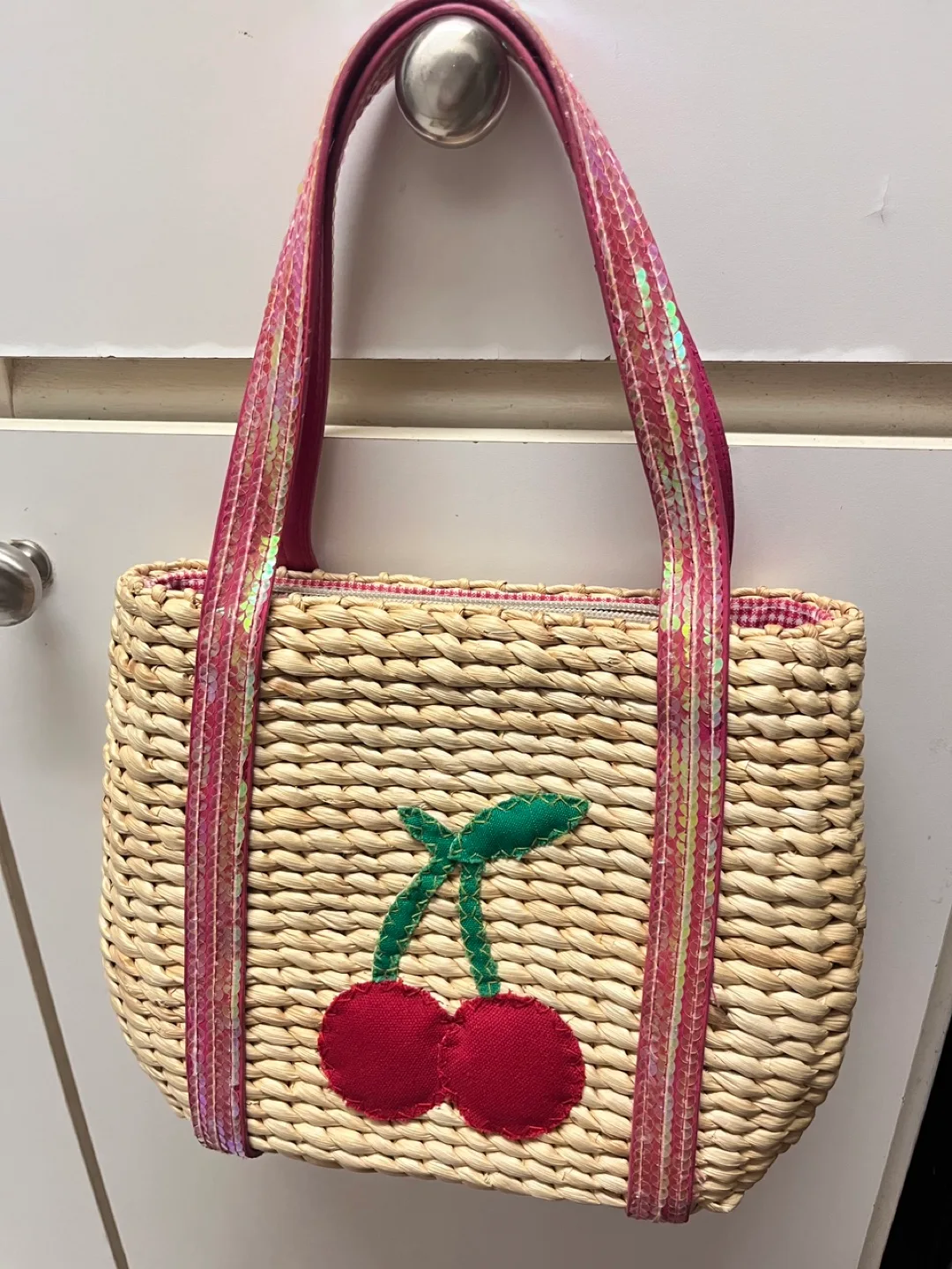 Woven Straw Tote Bag with Cherry Design thumbnail