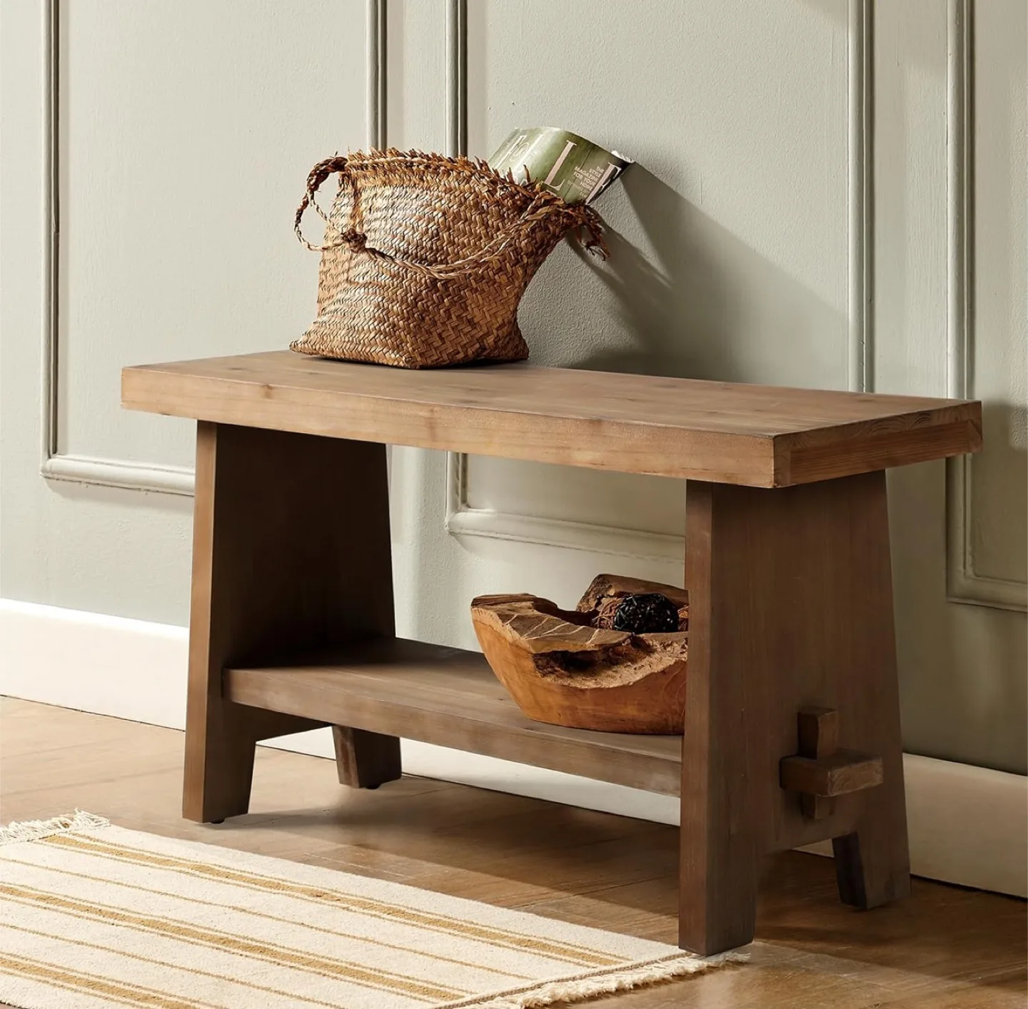 Natural Solid Wood Entryway Bench - Rustic Narrow Bench Seat thumbnail