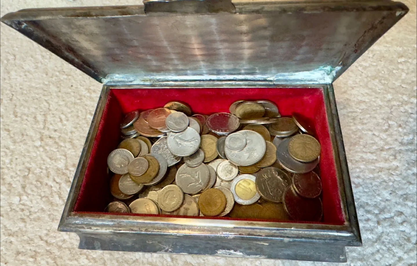 Vintage brass box with over 200 world coins thumbnail