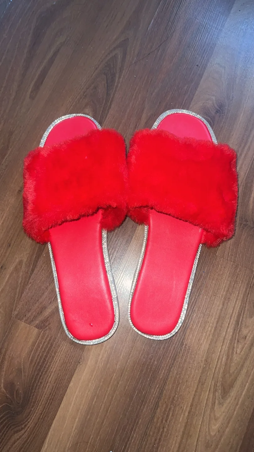 Red Furry Slides with Rhinestone Trim thumbnail