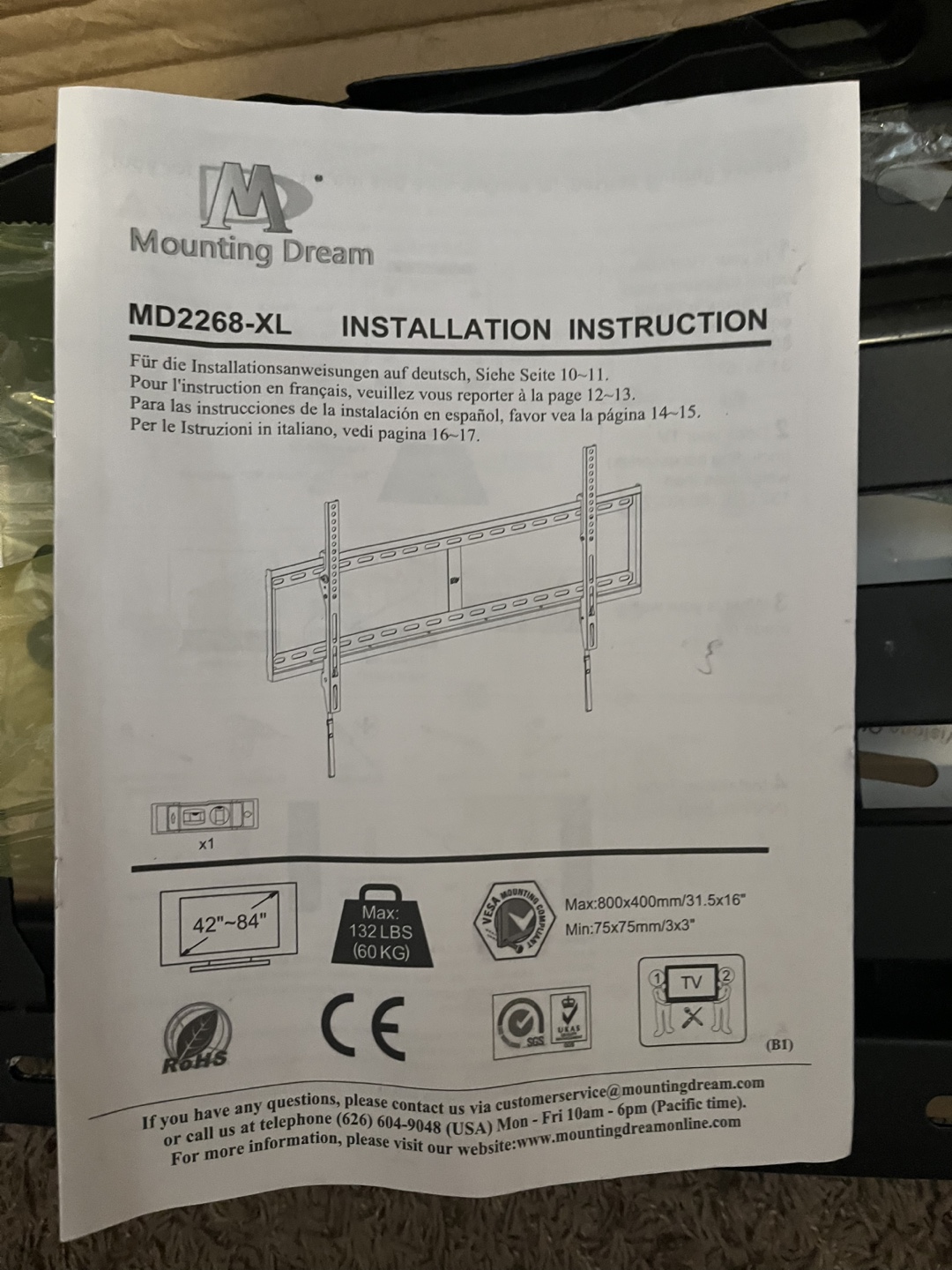 Mounting Dream MD2268-XL TV Wall Mount 42-84" - photo 2