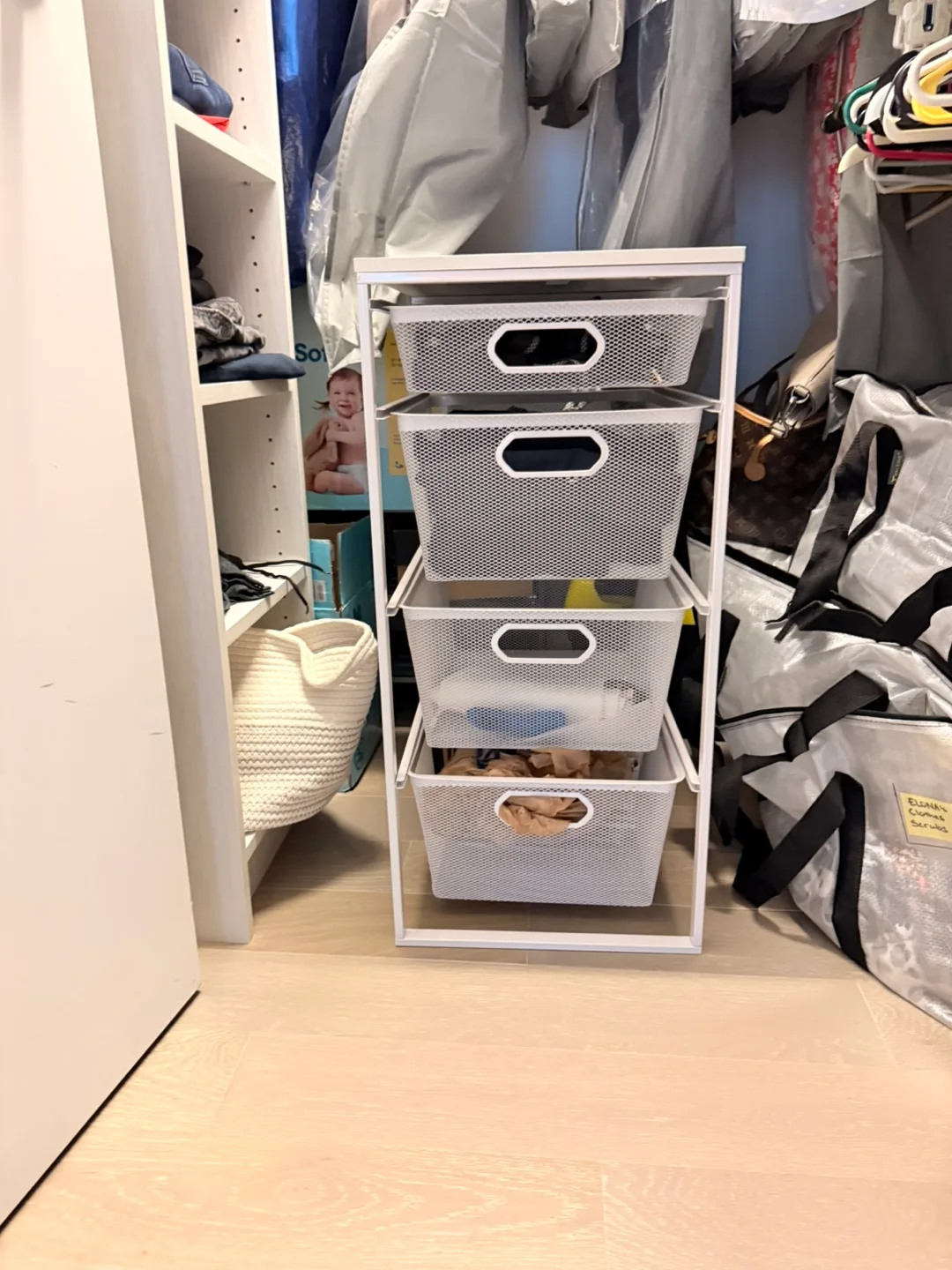 White Metal Storage Rack with 4 Mesh Baskets thumbnail