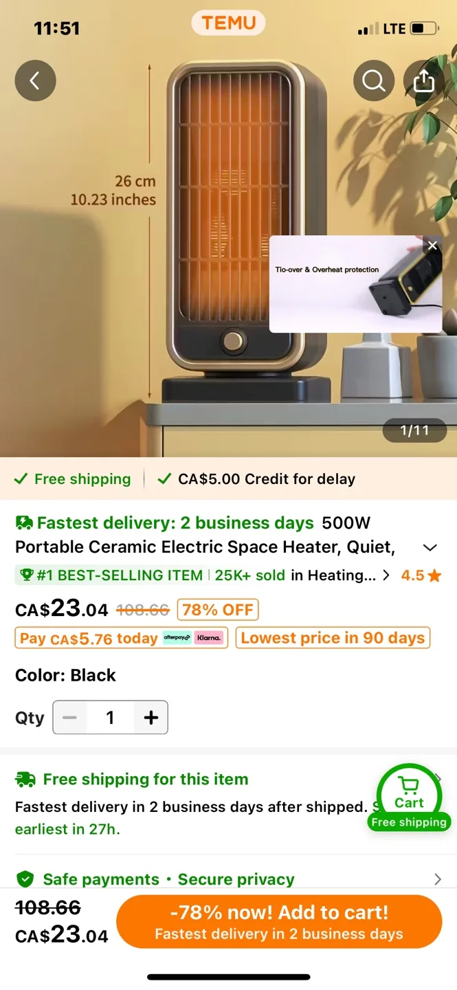 Portable Ceramic Electric Space Heater - Black thumbnail