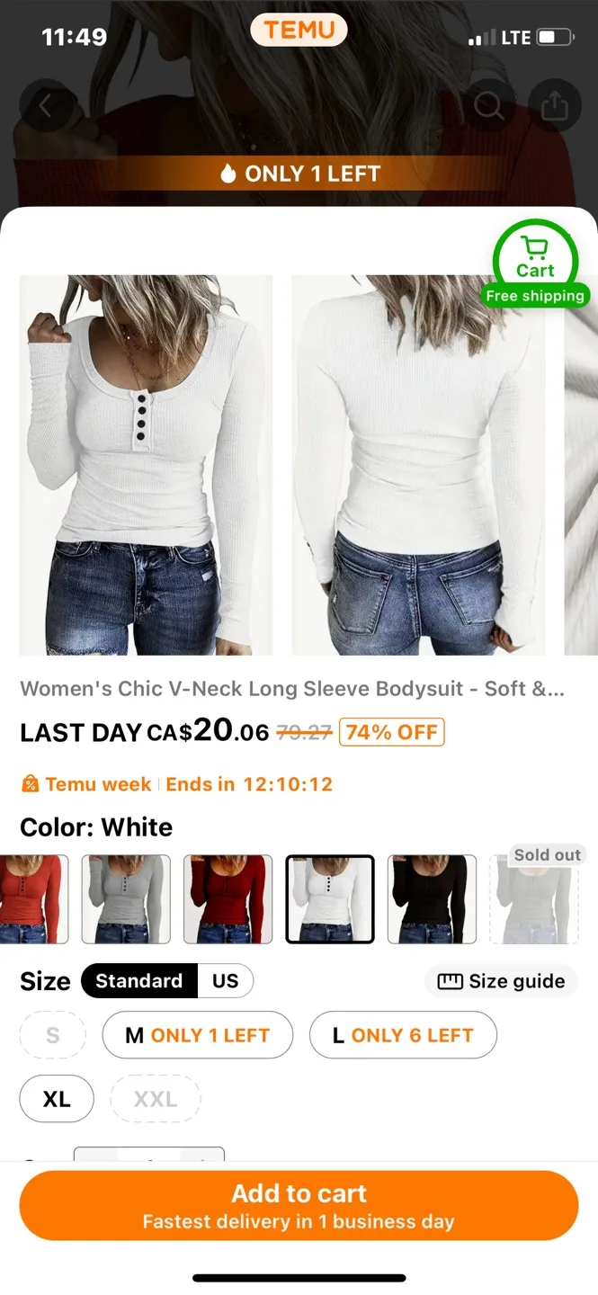 V-Neck Long Sleeve top - White XL thumbnail