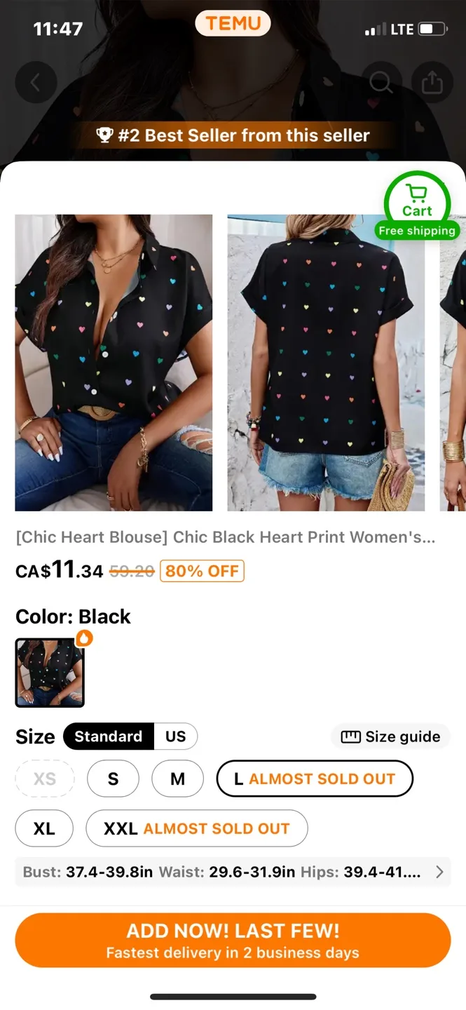 Chic Black Heart Print Blouse - Size L thumbnail