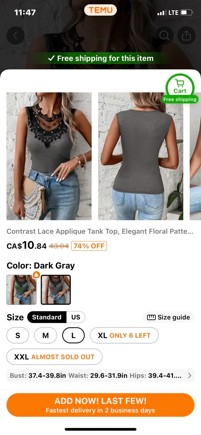 Temu Dark Gray Lace Tank Top - Size L thumbnail