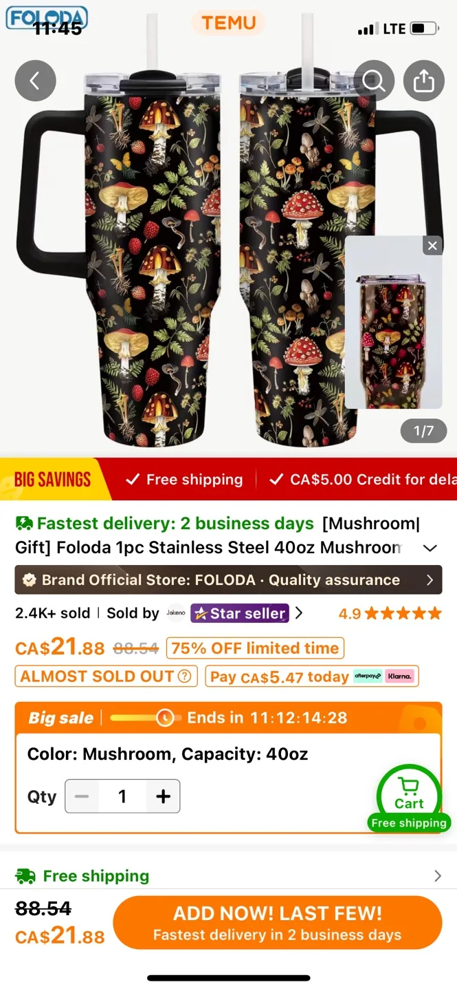 Foloda 40oz Mushroom Stainless Steel Tumbler thumbnail