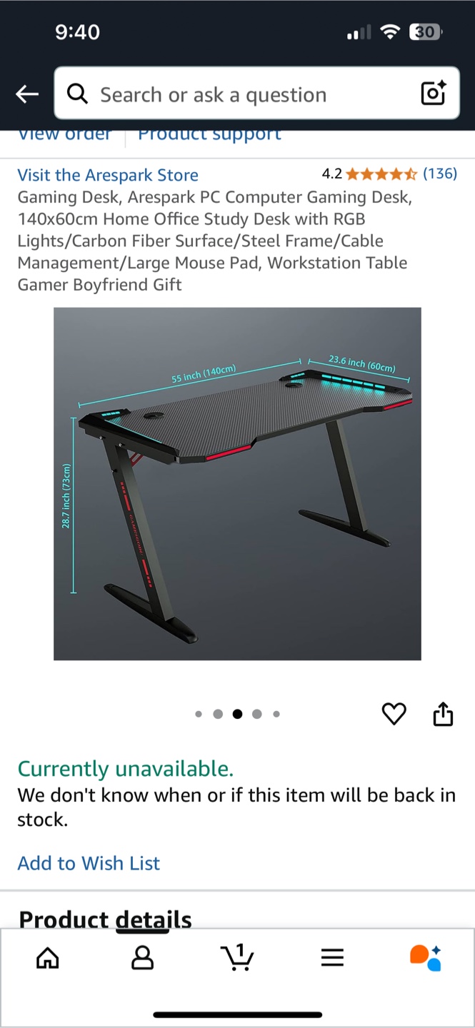 Arespark Gaming Desk, 55x24 inch with RGB - photo 2
