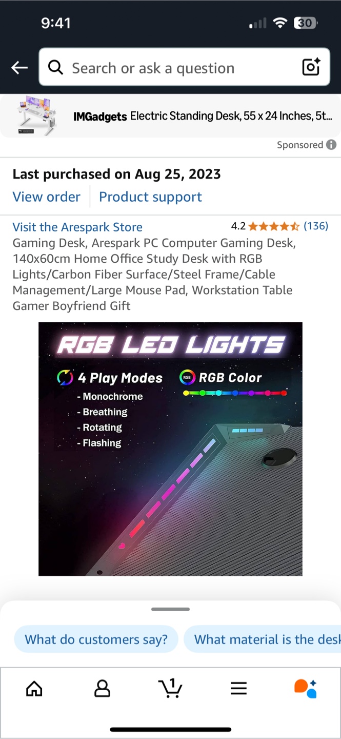 Arespark Gaming Desk, 55x24 inch with RGB - photo 3
