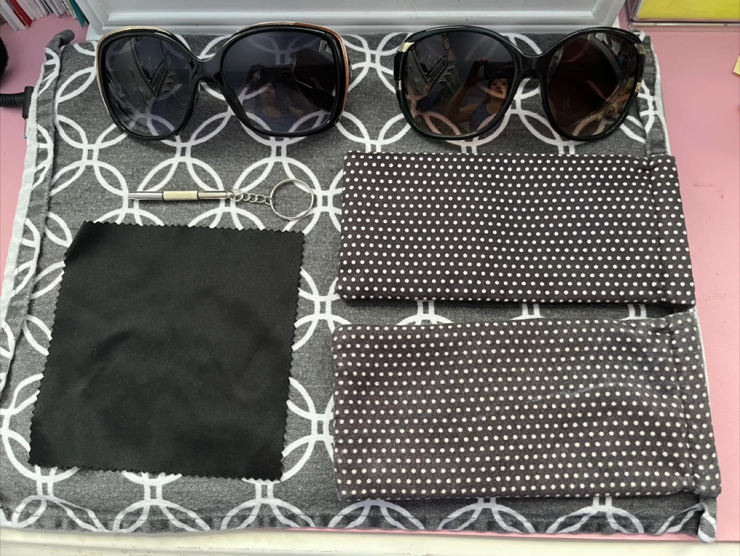 Ladies sunglasses, screwdriver keychain, &  cloth , and pouches thumbnail