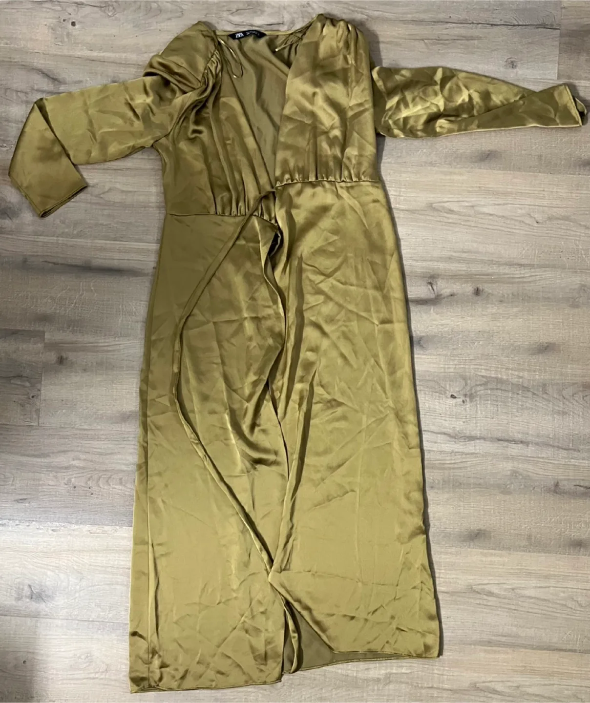 Zara Olive Green Satin Midi Dress - Size S thumbnail