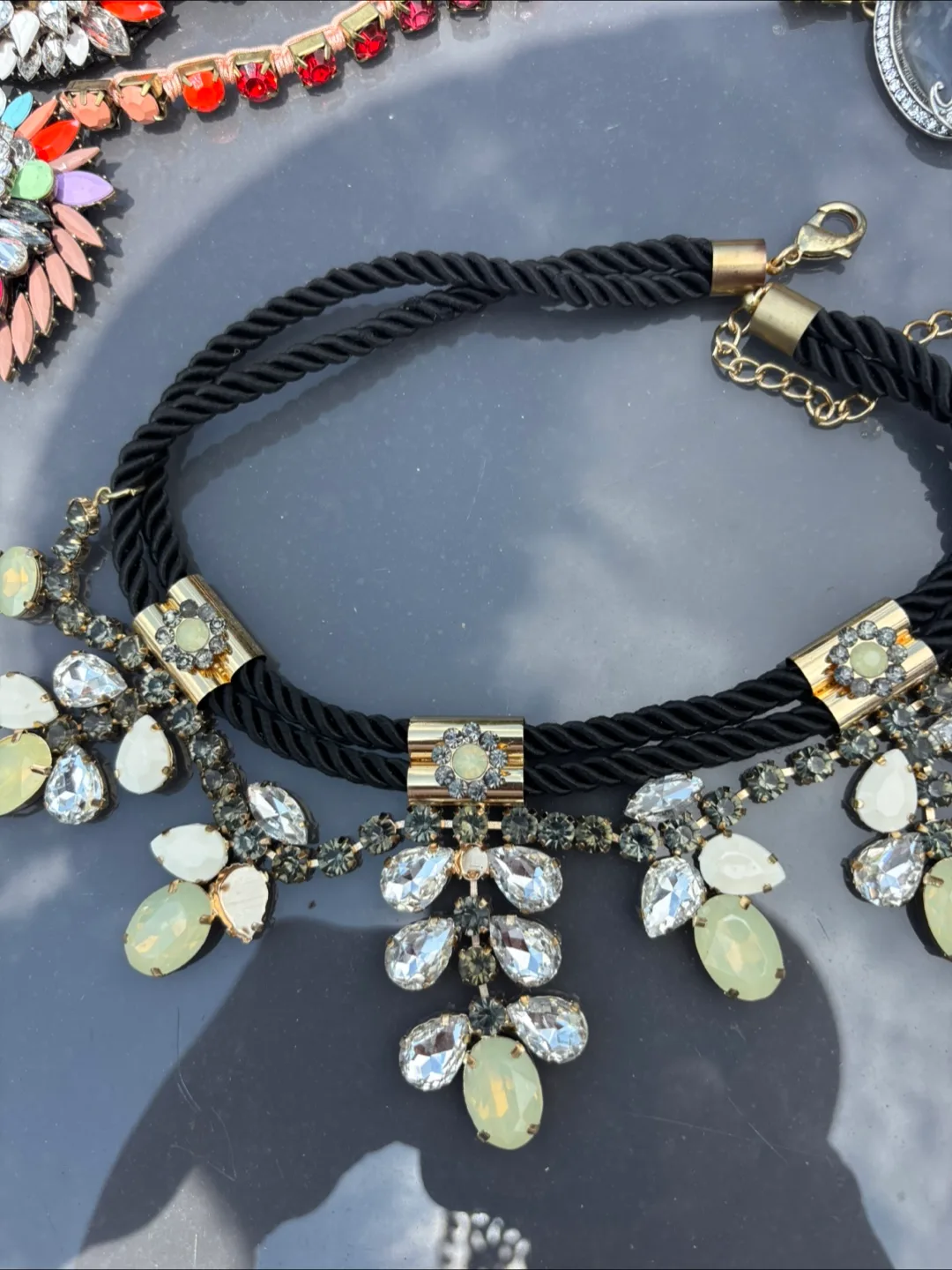 Statement Necklace - Black Cord & Rhinestones thumbnail