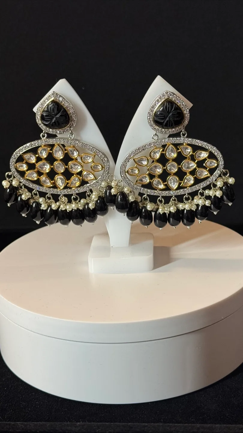 Black & White Dangle foil kundan Earrings thumbnail