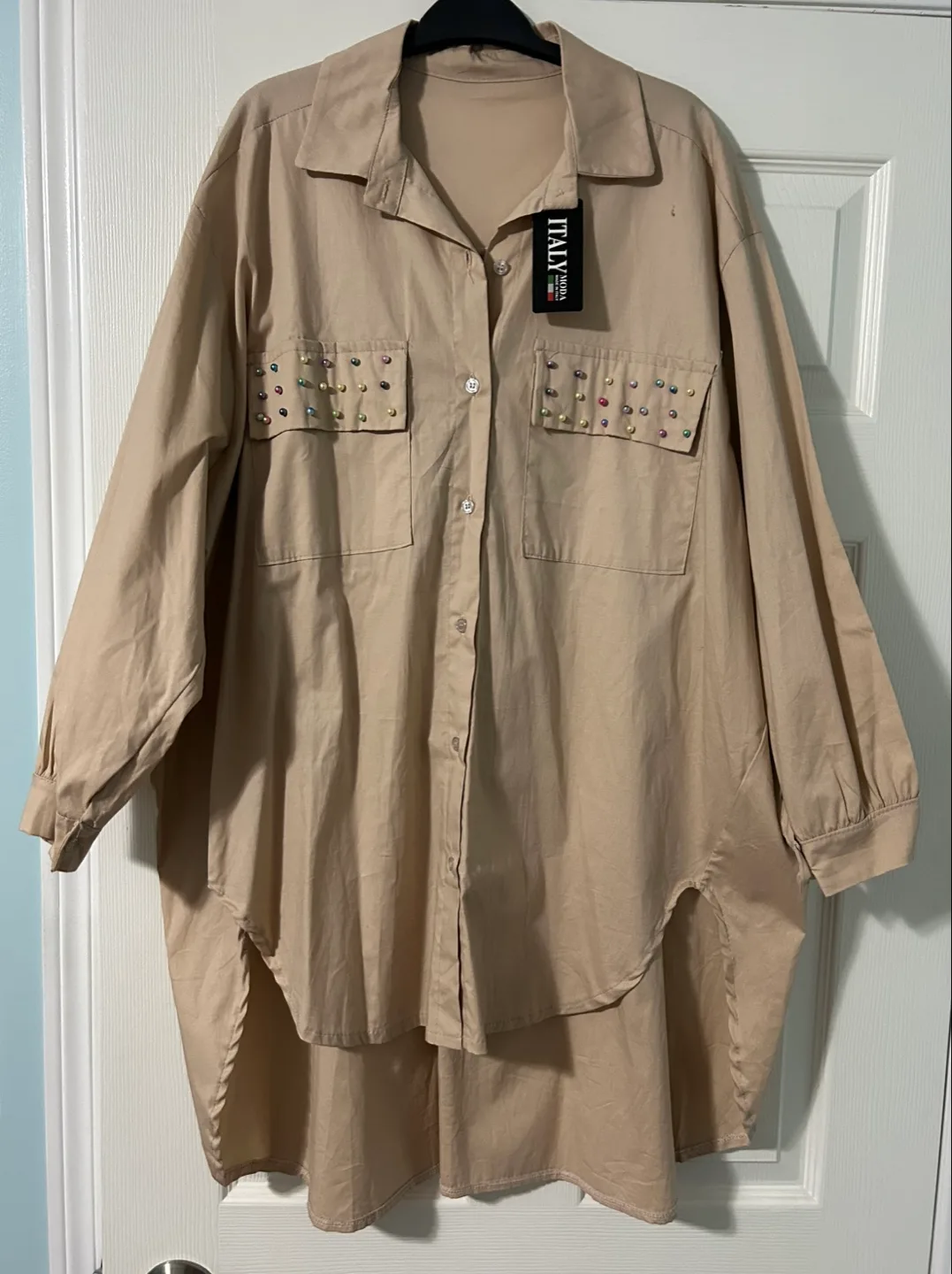 New Italy Moda Beige embellished shirt -1x-2x thumbnail