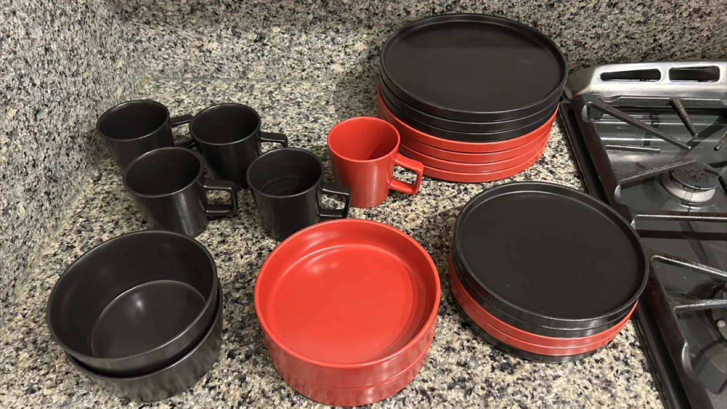 Dinnerware Set: Mugs, Plates, Bowls - Red & Black thumbnail