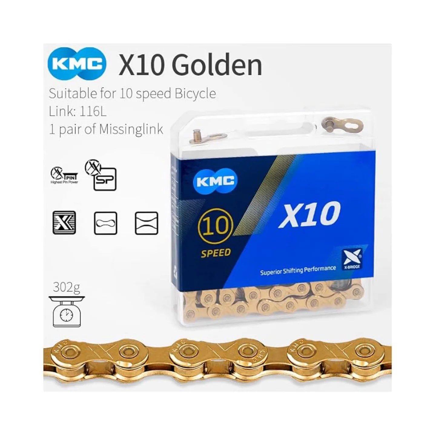 KMC X10 10-Speed Bicycle Chain - Golden image indicator(2)