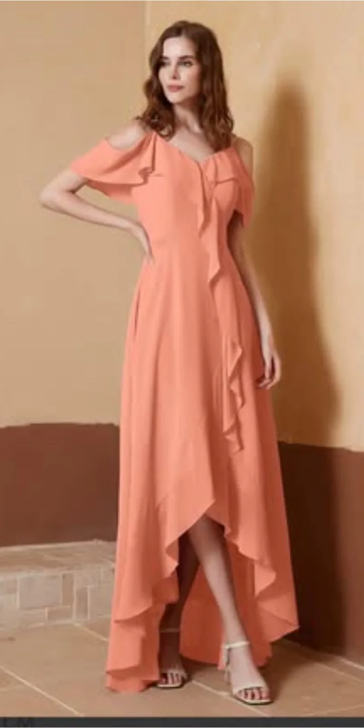 BRIDESMAID DRESS Coral Cold Shoulder Ruffle Maxi Dress thumbnail