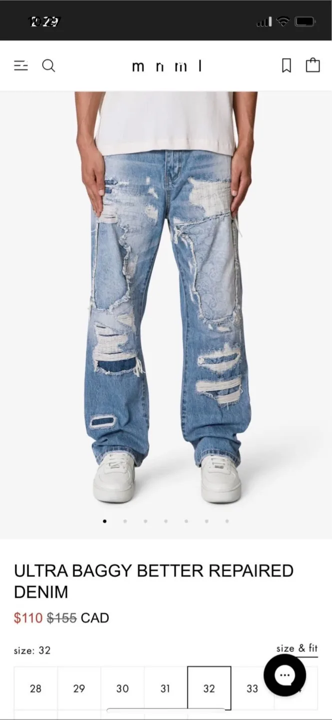 mnml Ultra Baggy Better Repaired Denim Jeans - Size 32 thumbnail
